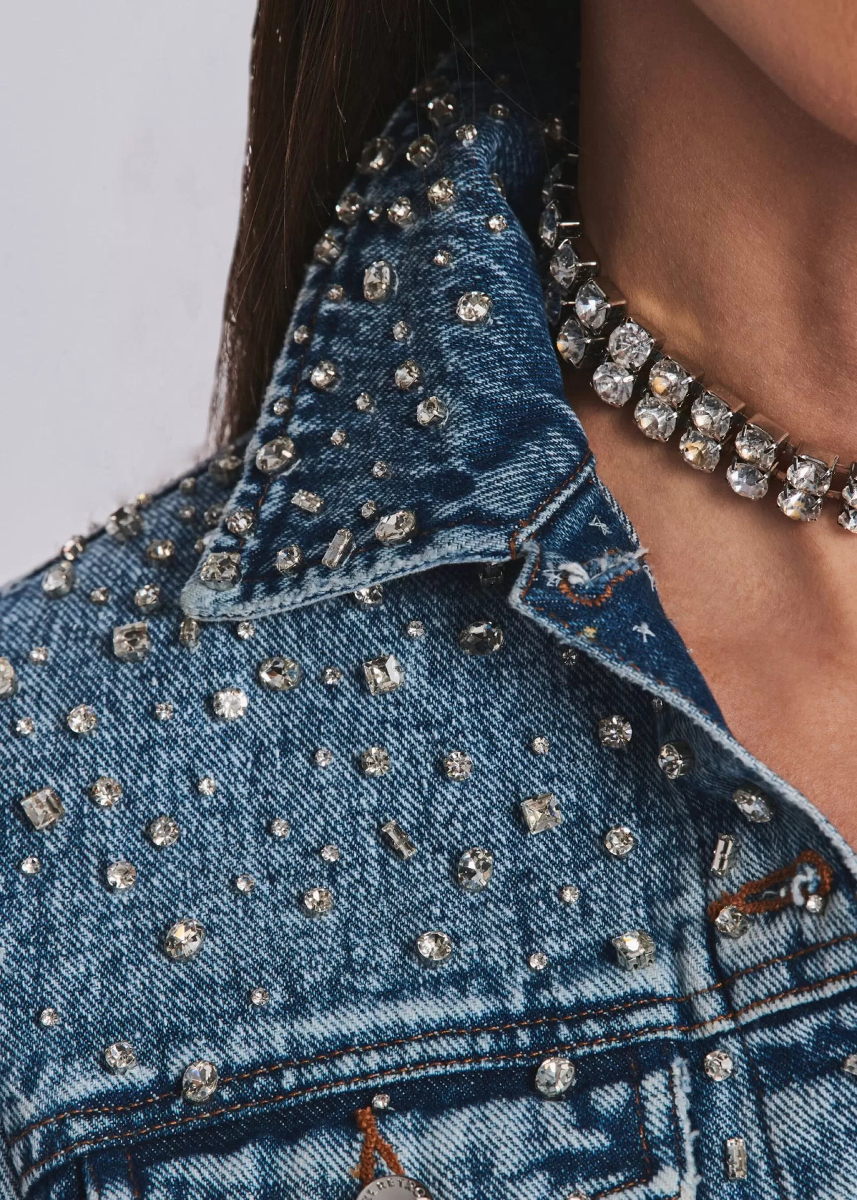 Bachelorette Party*Retrofete Ada Crystal Embellished Denim Jacket Arctic Crystal