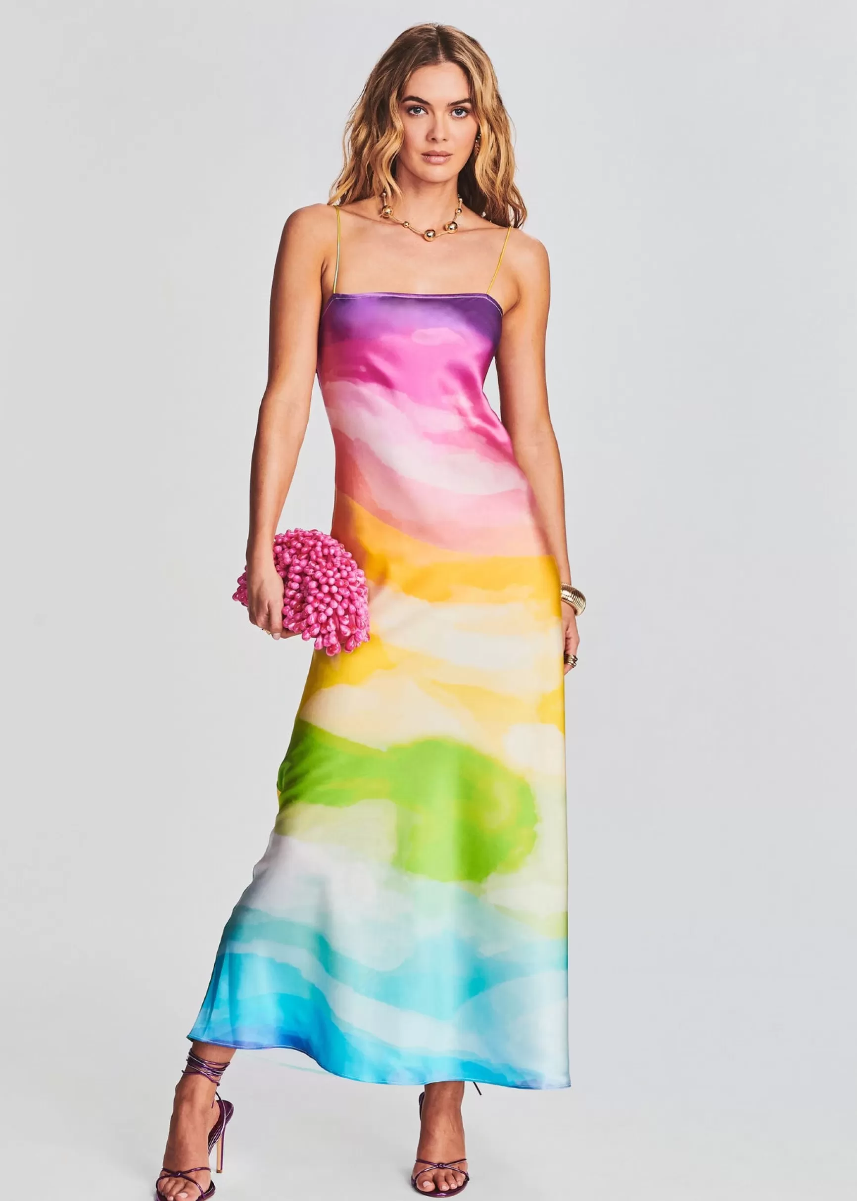 Guest Of*Retrofete Aimee Silk Long Dress Watercolor Rainbow
