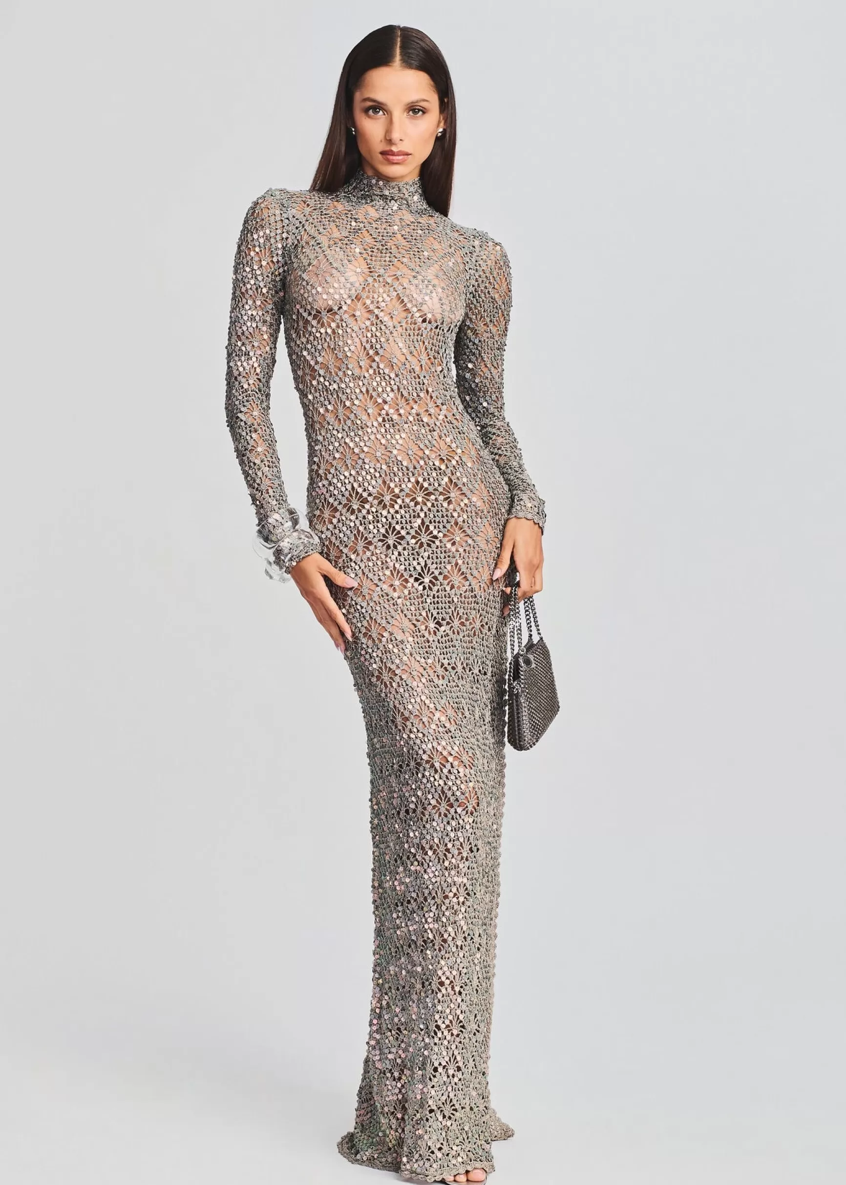 Subtle Shimmer*Retrofete Alexa Sequin Open Crochet Dress Metallic Mink Grey