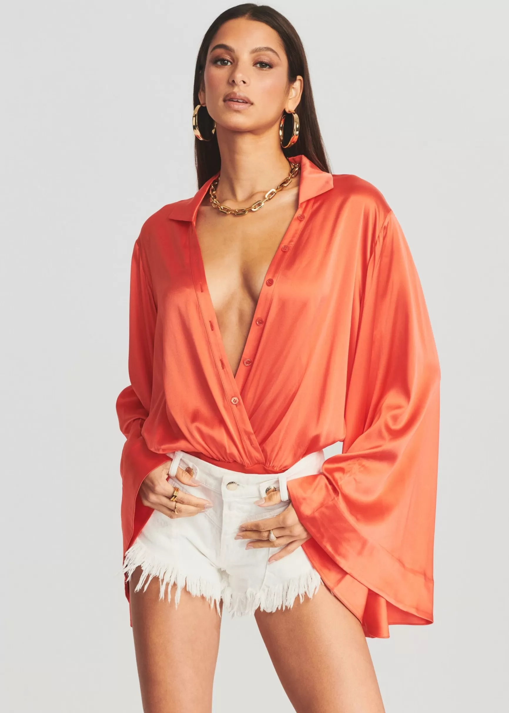 Final Sale*Retrofete Avalon Silk Bodysuit Hot Coral