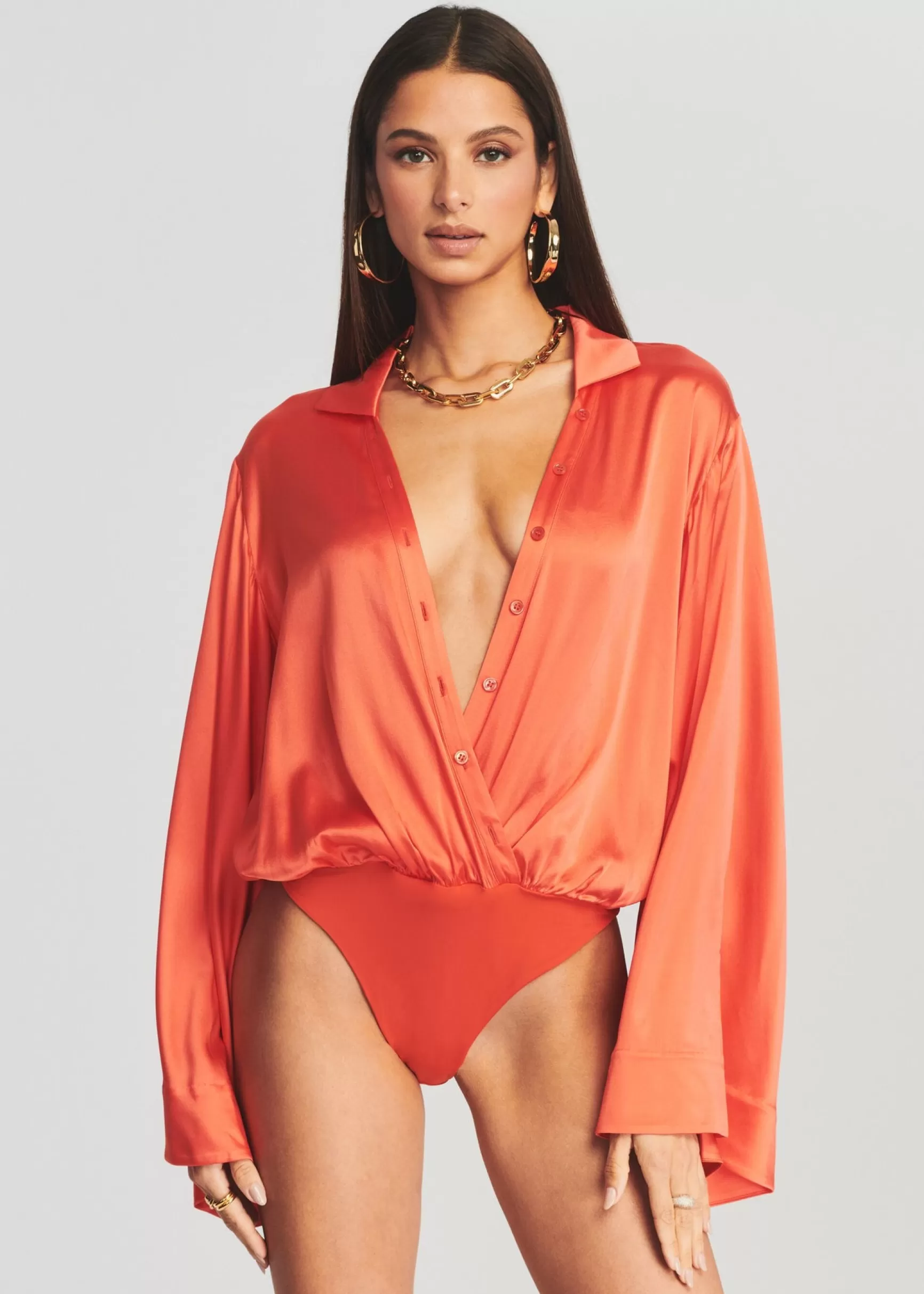 Final Sale*Retrofete Avalon Silk Bodysuit Hot Coral