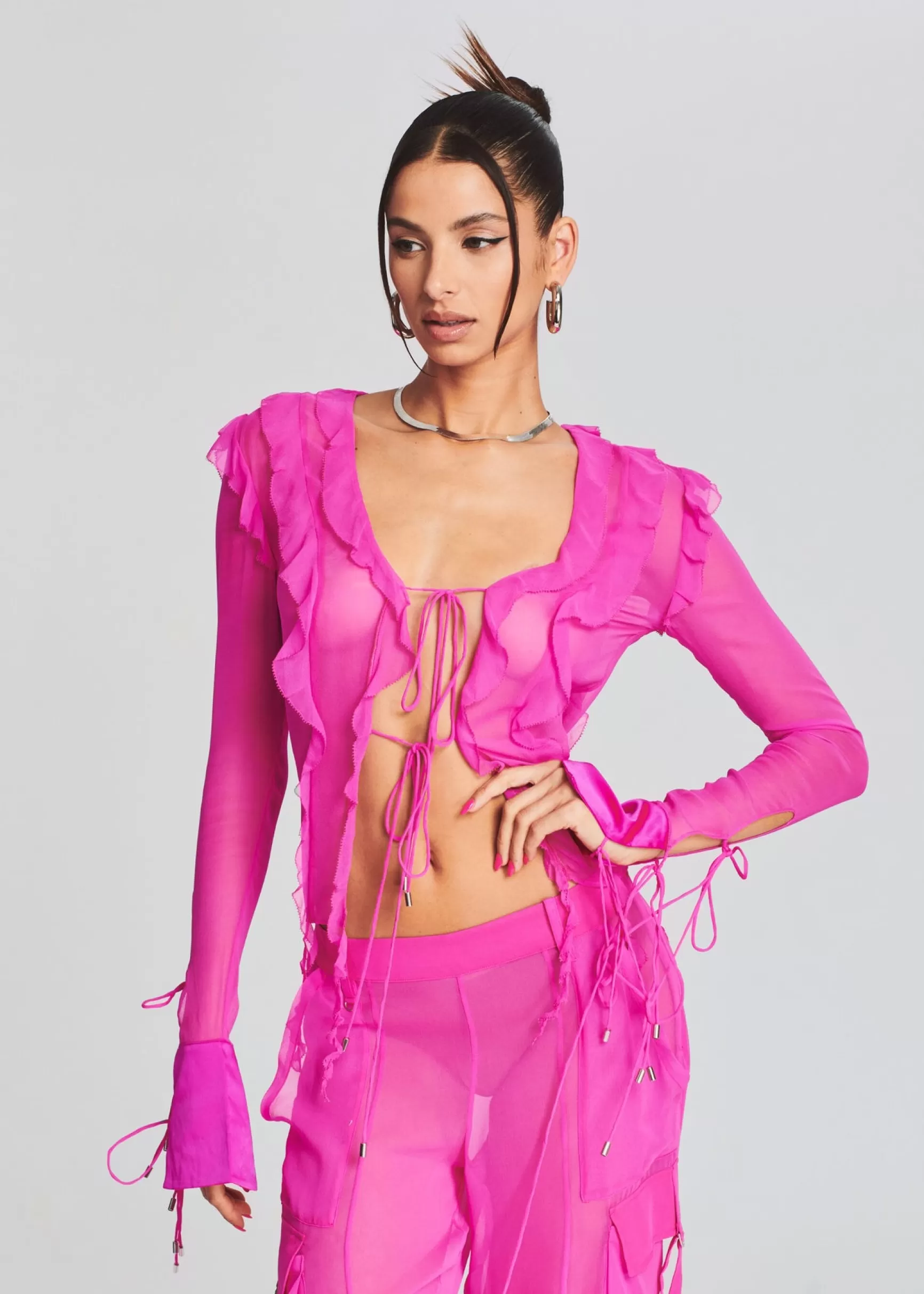 Sheer Bliss*Retrofete Aviva Silk Chiffon Blouse Neon Pink