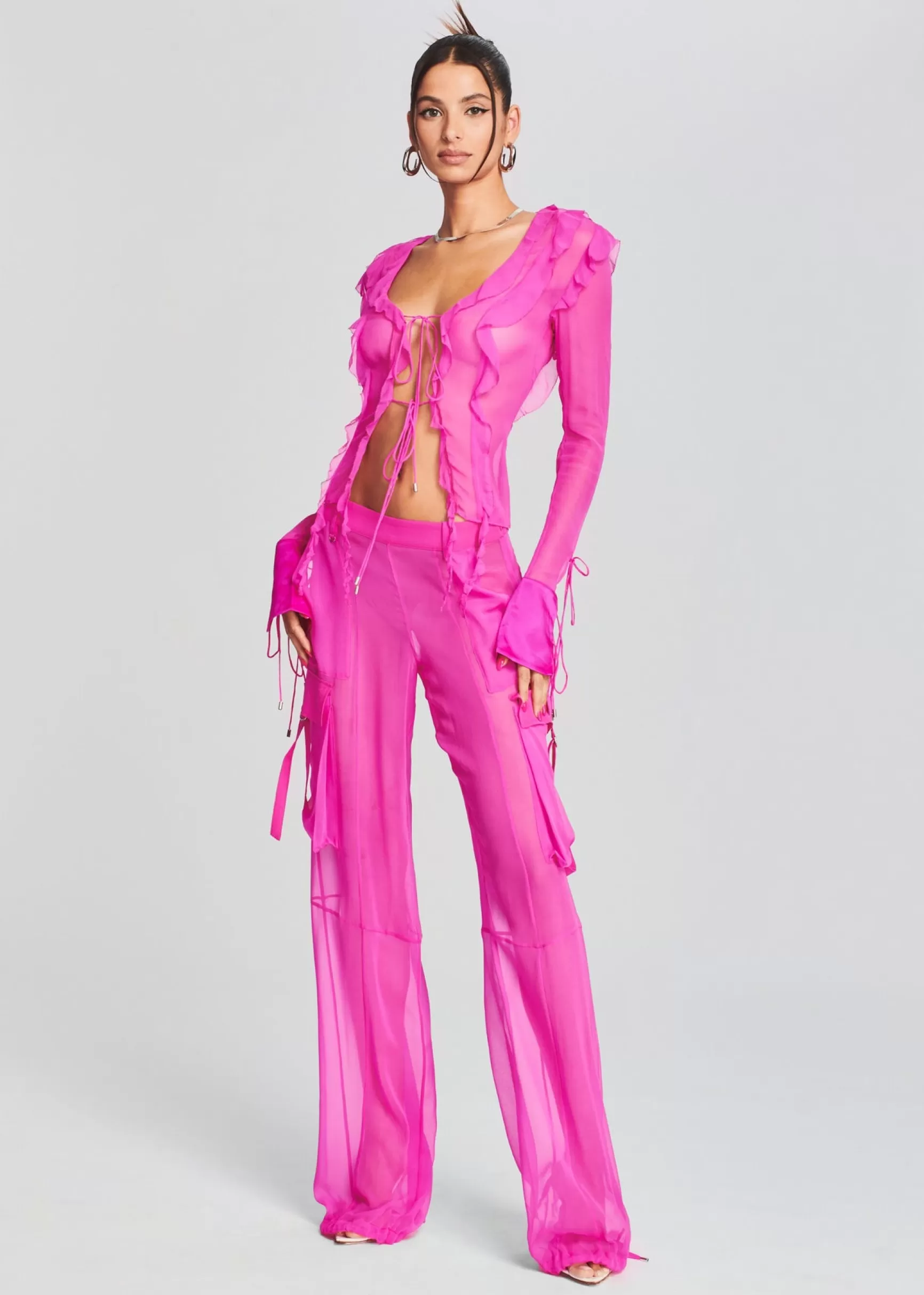 Sheer Bliss*Retrofete Aviva Silk Chiffon Blouse Neon Pink