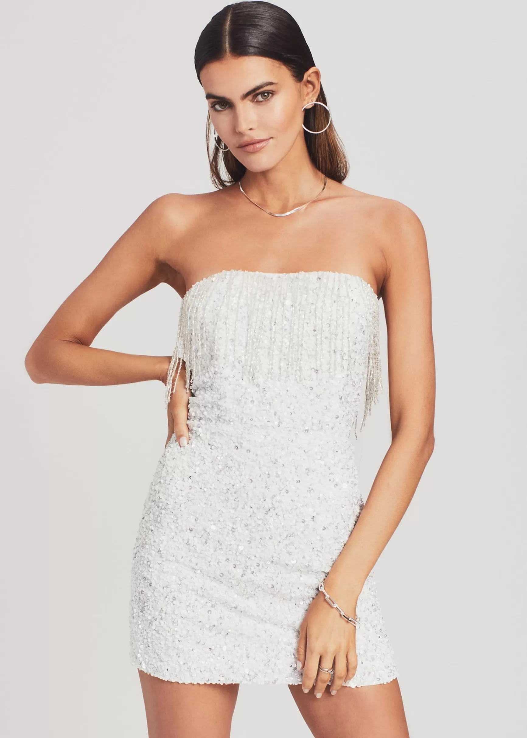 Honeymoon Looks*Retrofete Cassandra Sequin Fringe Dress Silver/White