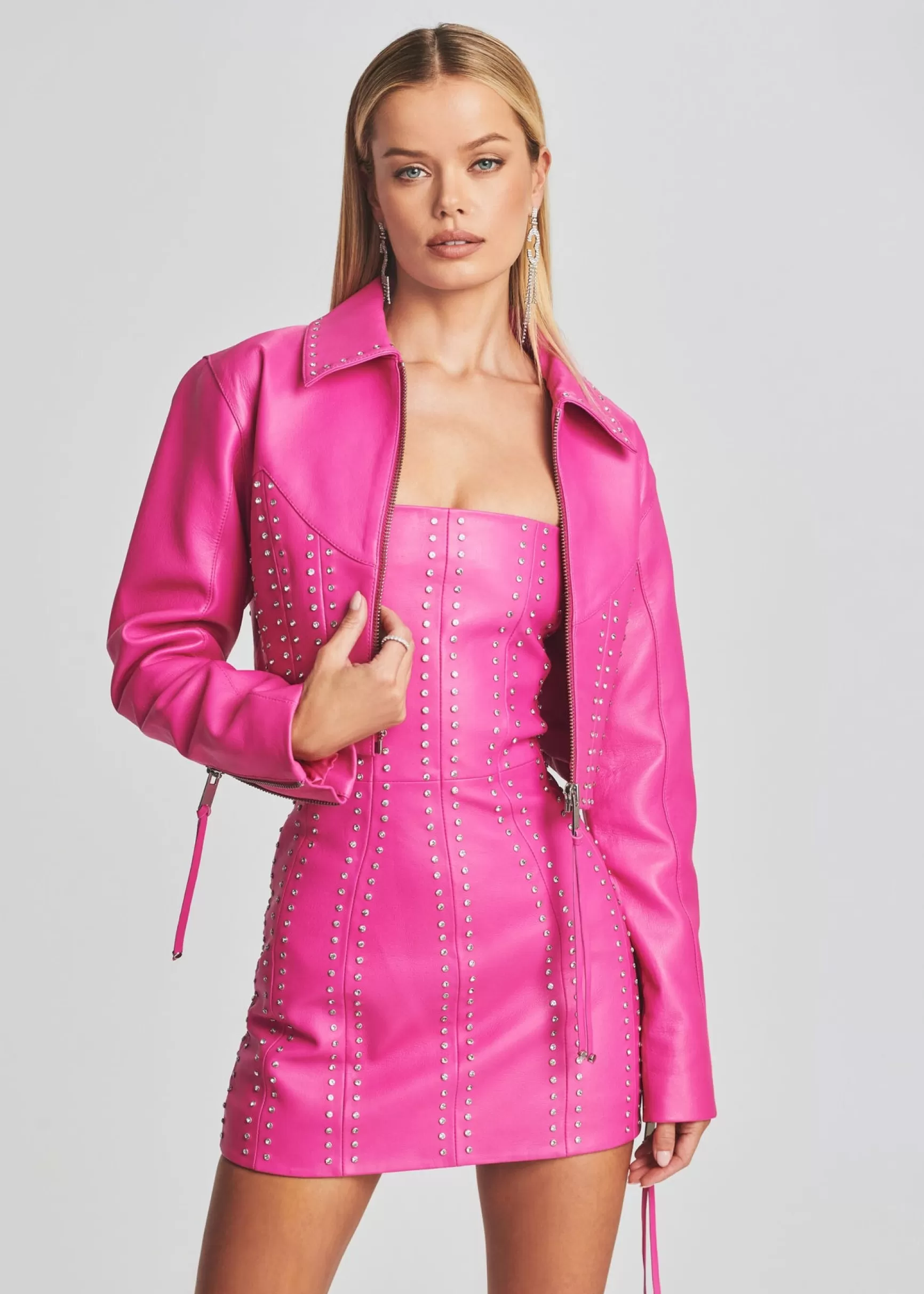 Bachelorette Party*Retrofete Castor Embellished Leather Jacket Neon Pink/Crystal