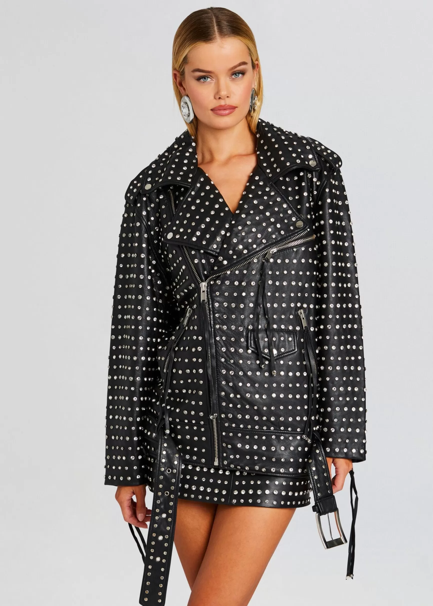 RETROFÊTE*Retrofete Icon Embellished Leather Jacket Black/Crystal