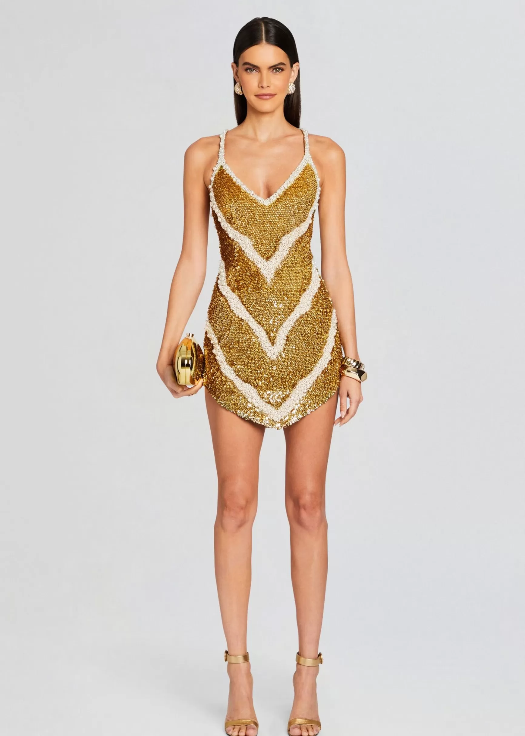 Sequin Styles*Retrofete Inessa Feather Sequin Dress Gold/White