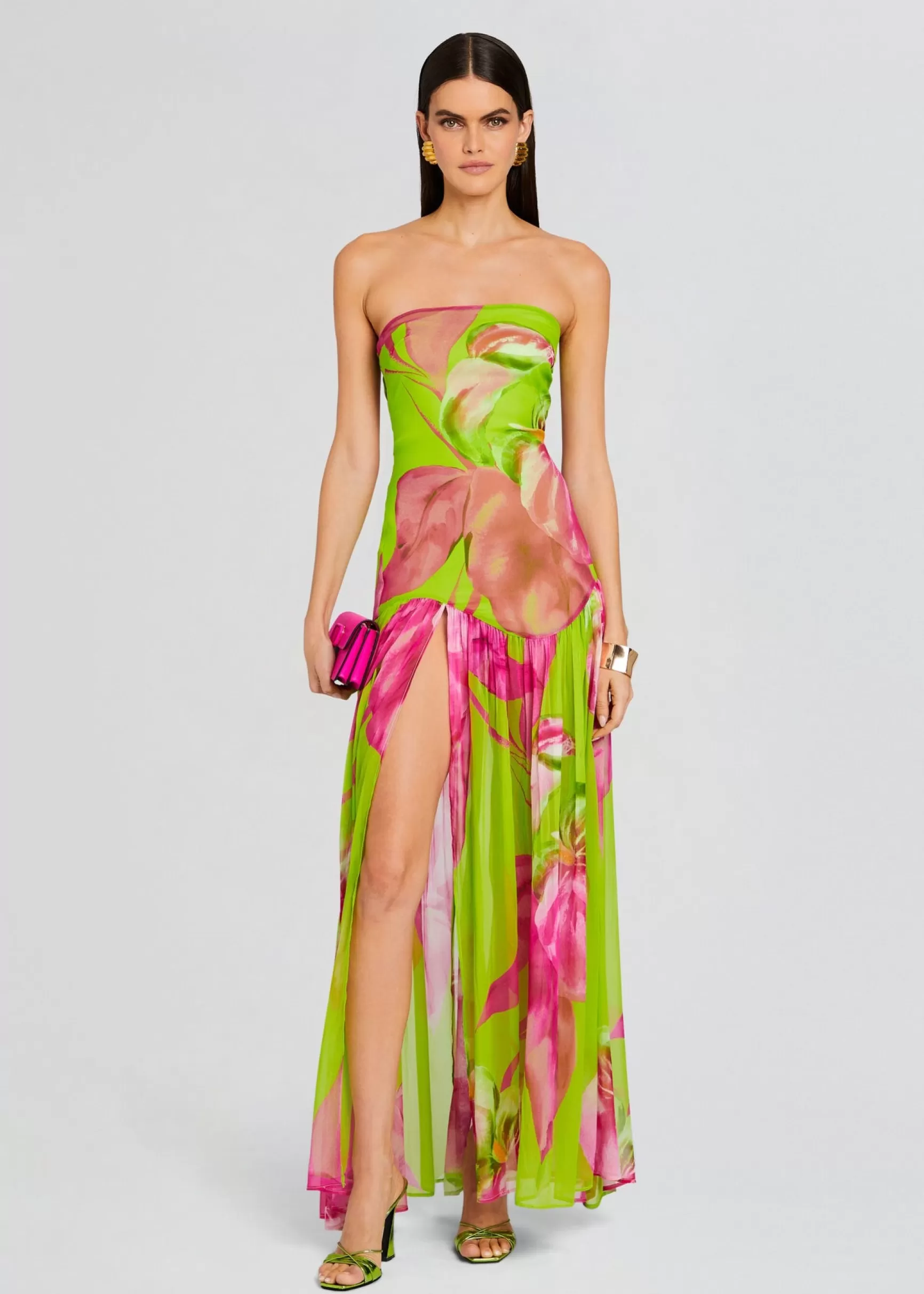 Maxi*Retrofete Marisol Silk Dress Lime Anthurium