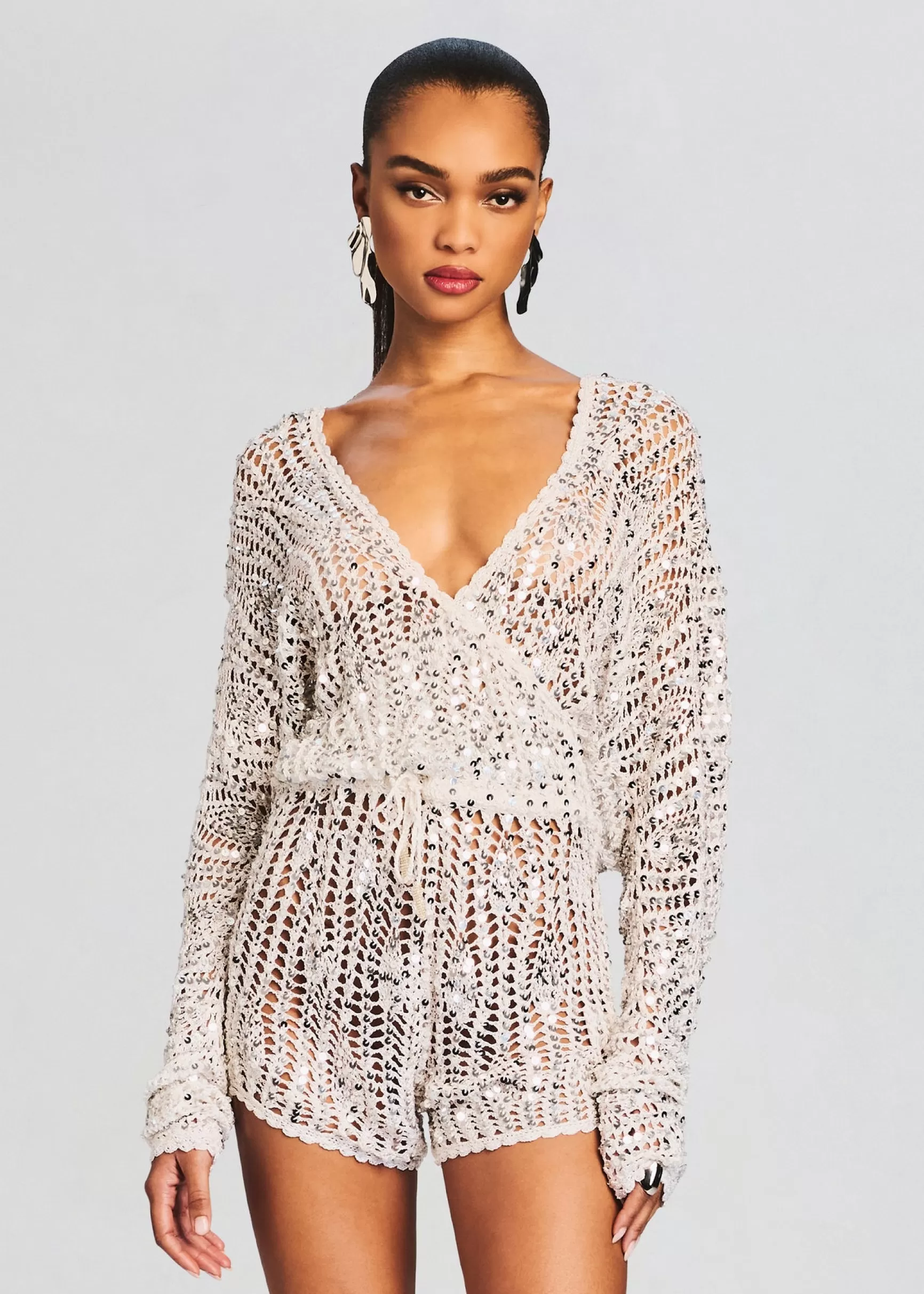 Sequin Styles*Retrofete Meadow Sequin Crochet Romper White/Silver