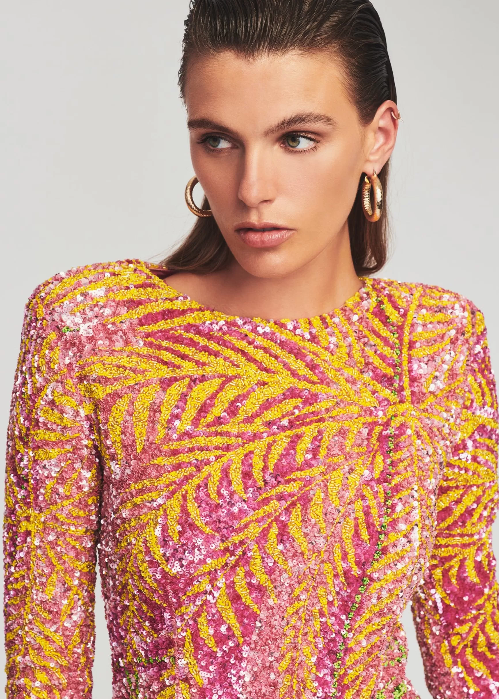 Final Sale*Retrofete Nikki Sequin Palm Dress Tropical Palm
