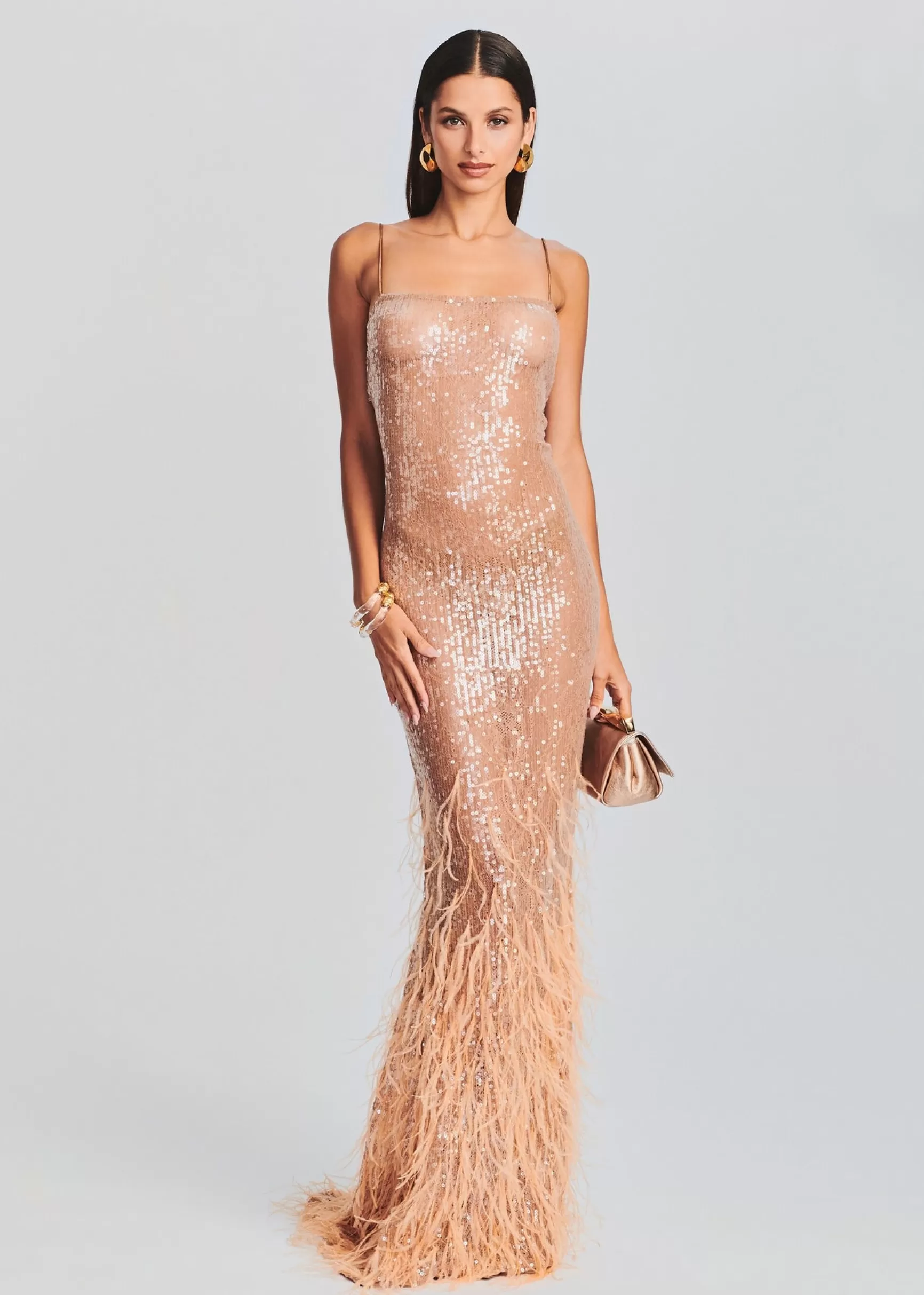 Maxi*Retrofete Odessa Sequin Feather Dress Tannin