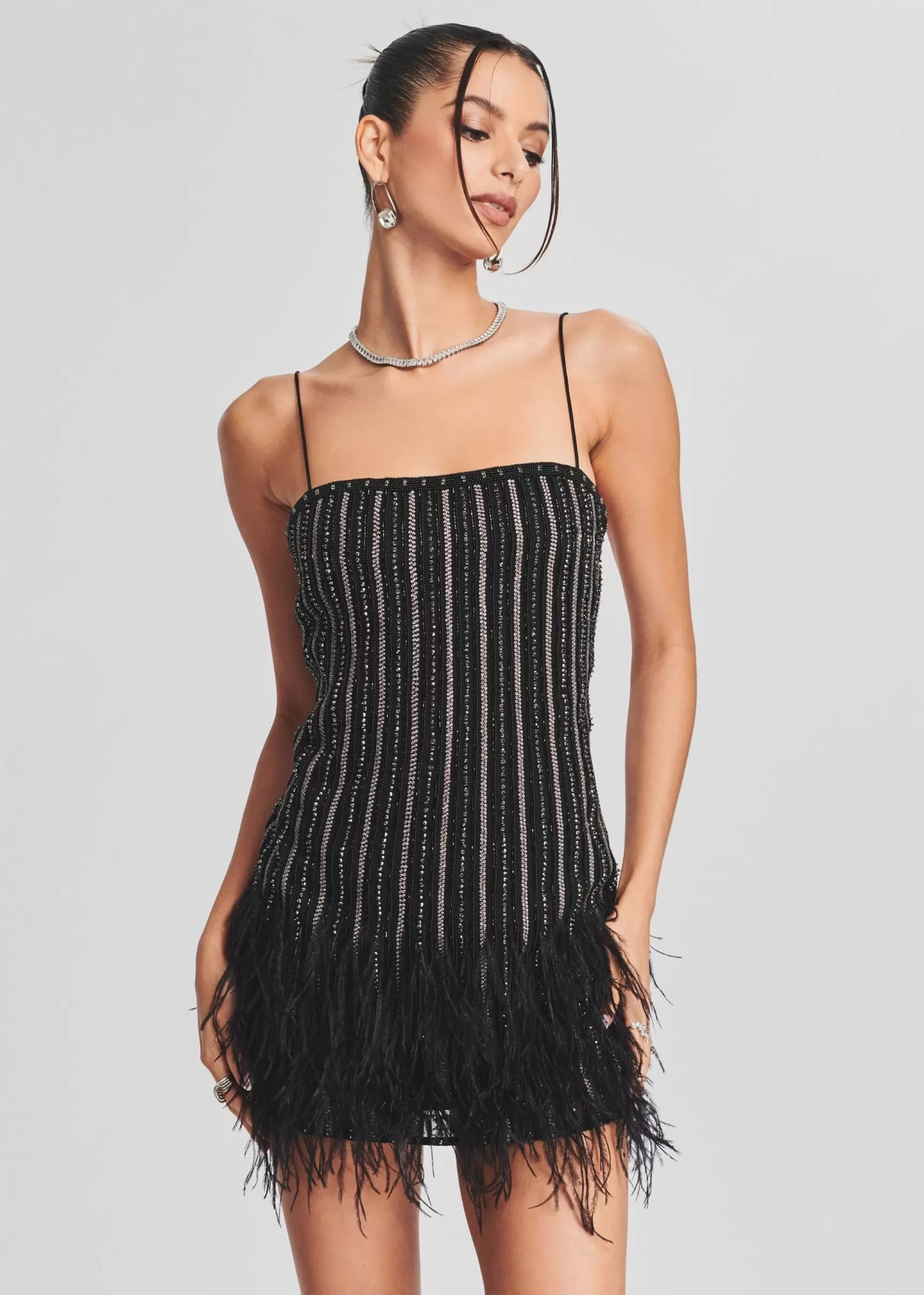 RETROFÊTE*Retrofete Rubina Sequin Feather Dress Black/Silver