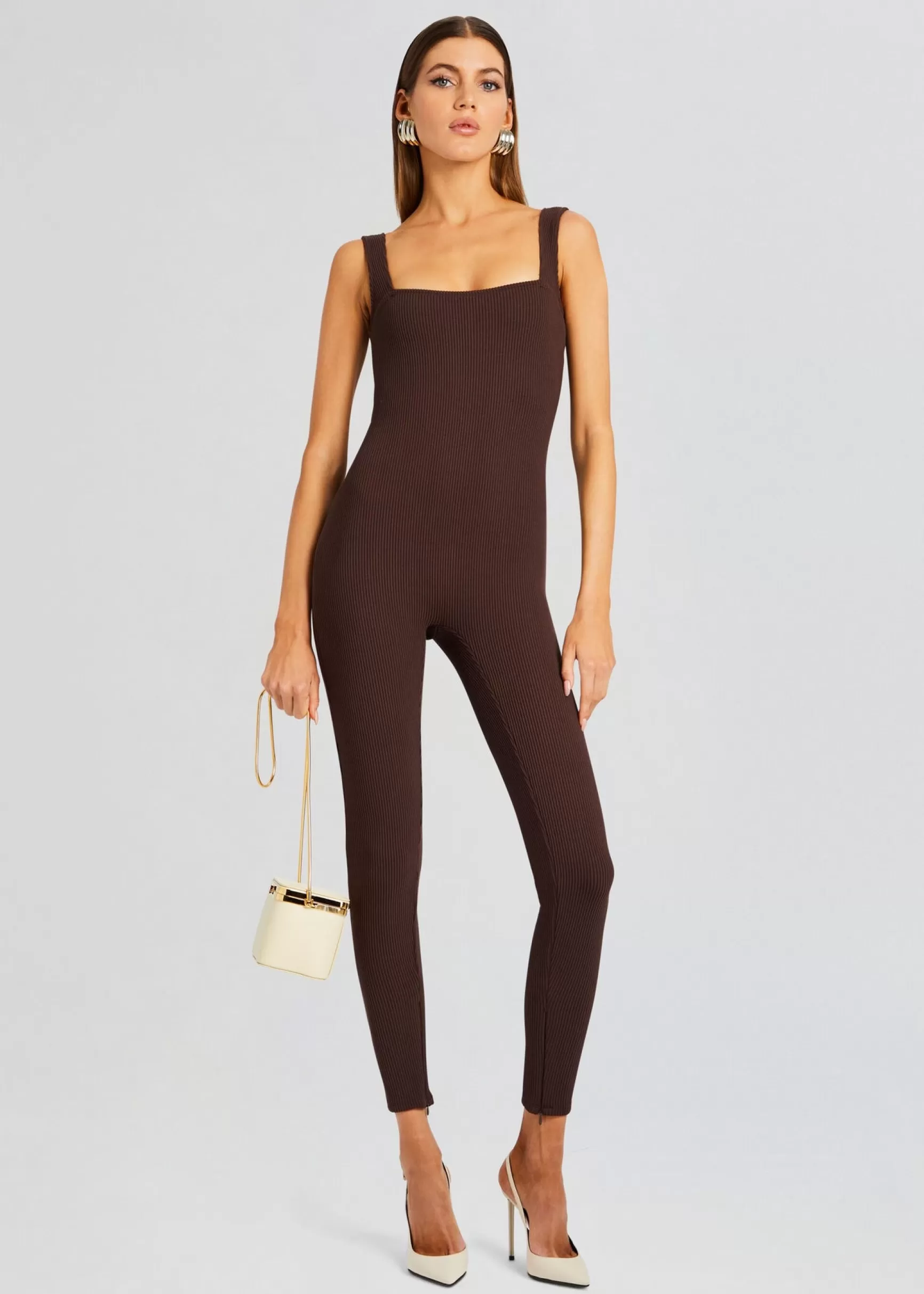 Night Out*Retrofete Sabrina Sleeveless Enviro Rib Catsuit Brown