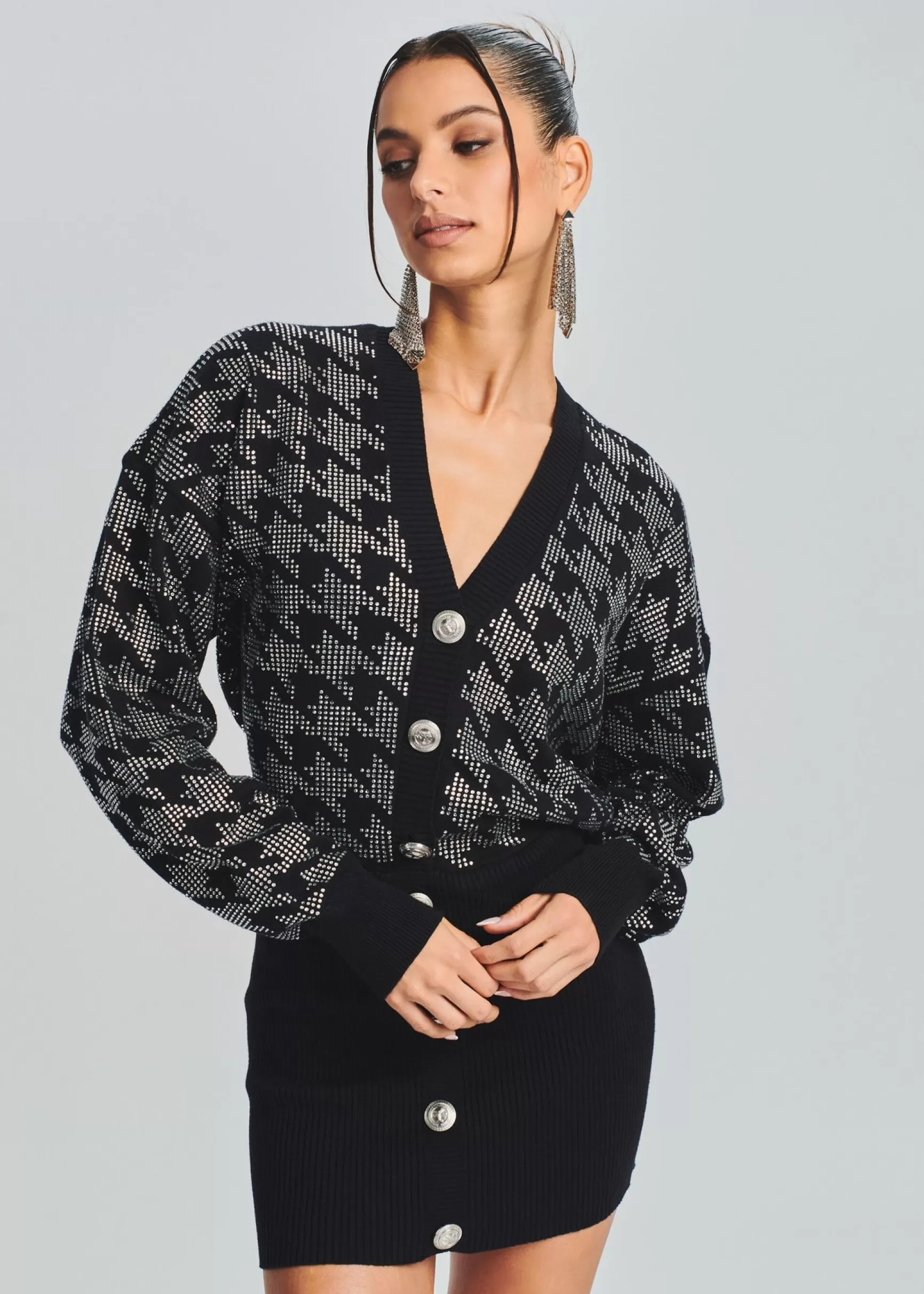RETROFÊTE*Retrofete Tala Embellished Sweater Dress Black/Silver Houndstooth