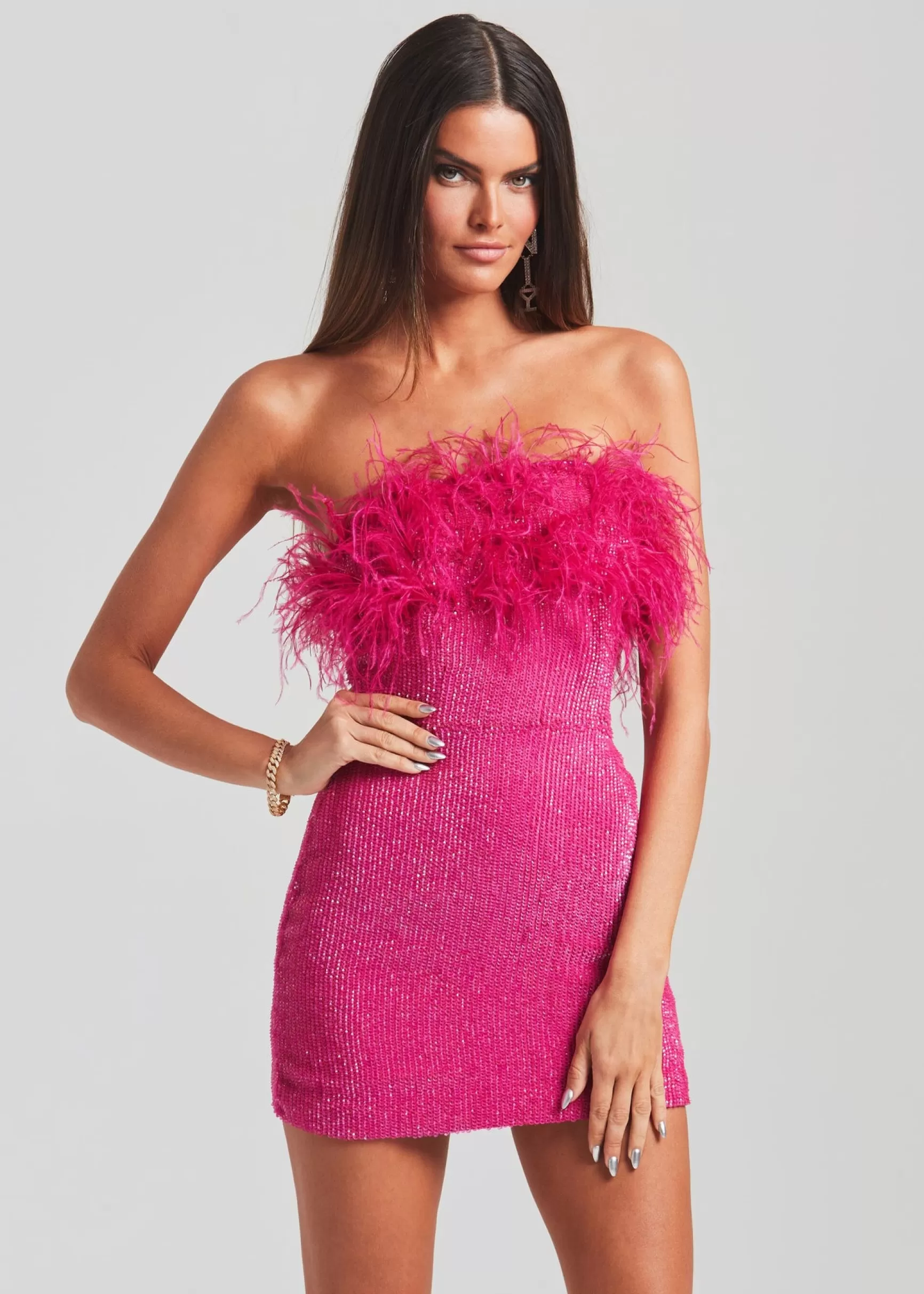 Bachelorette Party*Retrofete Torin Sequin Feather Dress Hot Pink