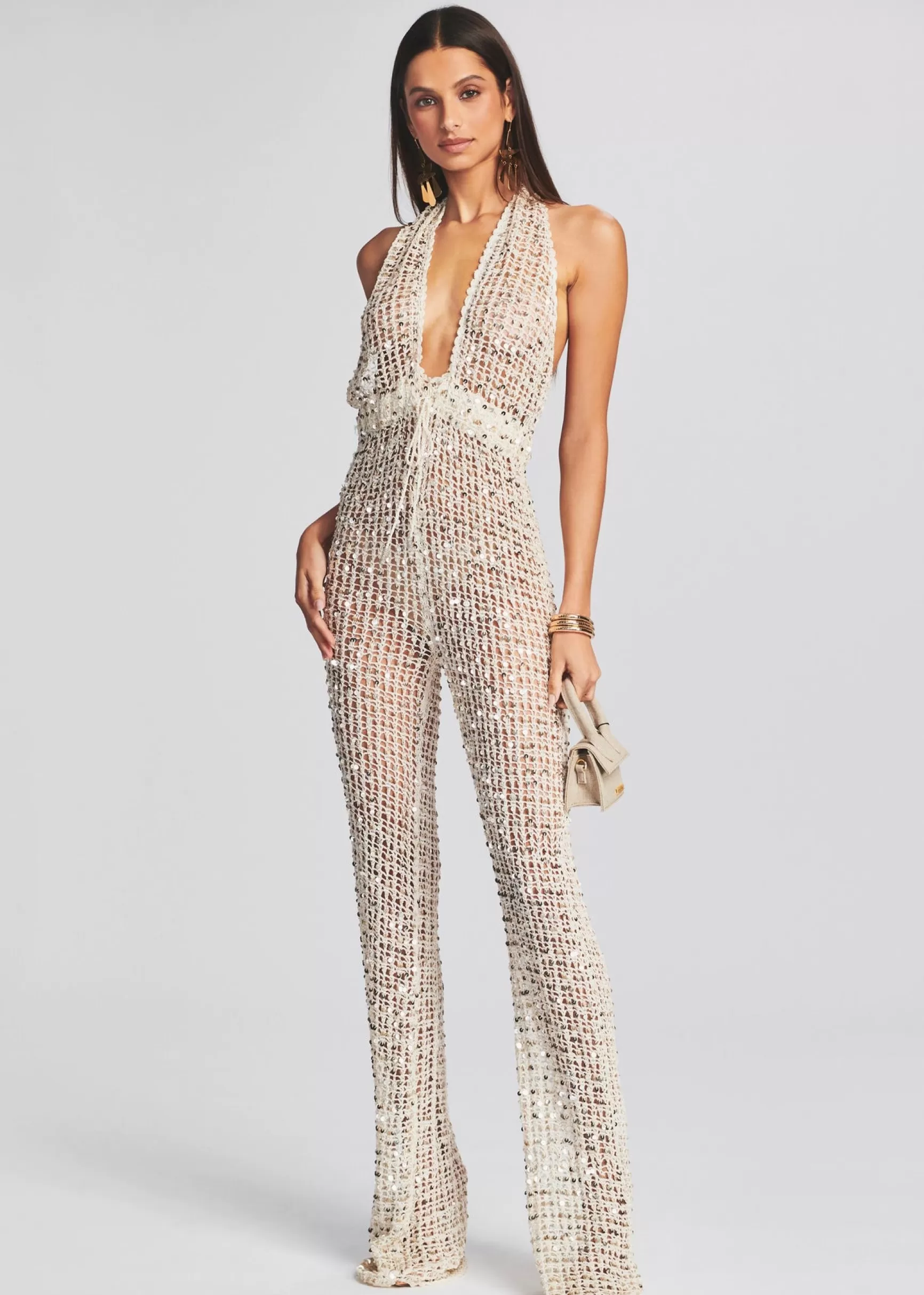 Sequin Styles*Retrofete Tosca Sequin Crochet Jumpsuit Ivory Gold