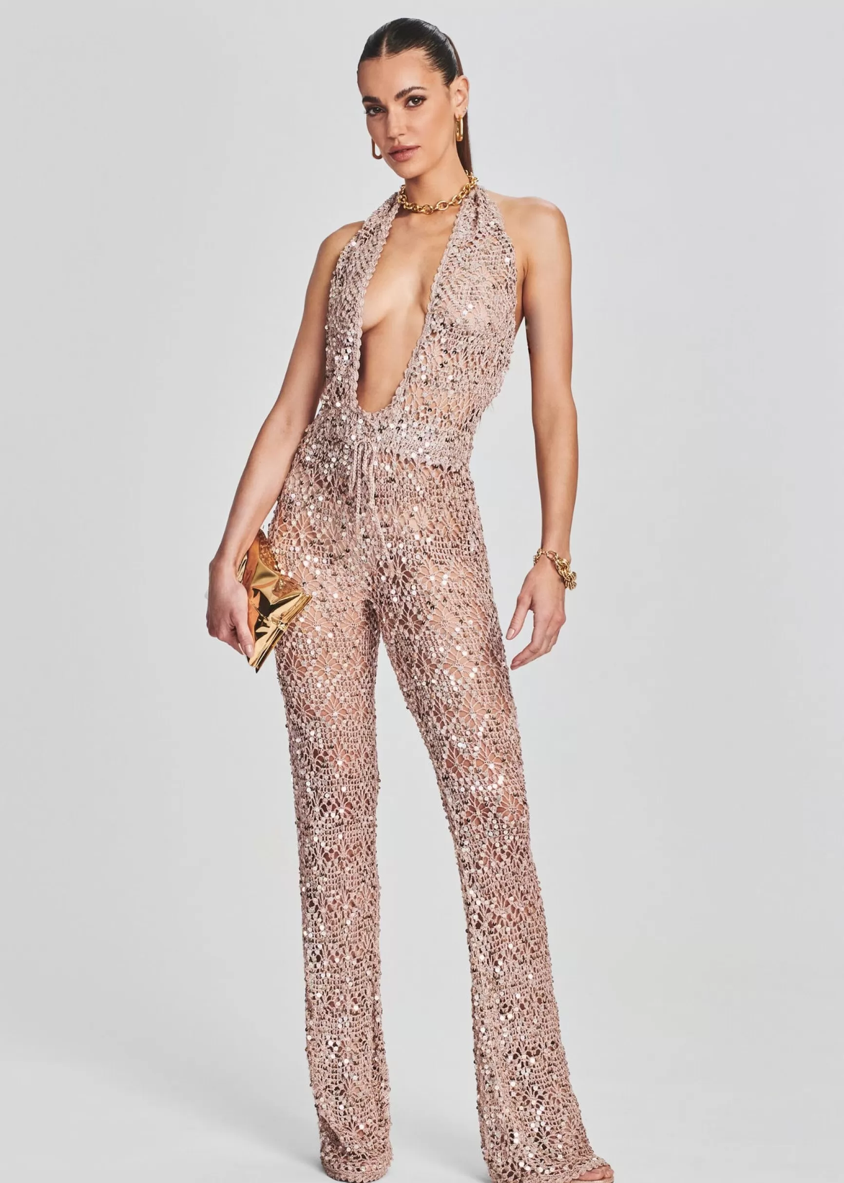 Honeymoon Looks*Retrofete Tosca Sequin Crochet Jumpsuit Rose Gold