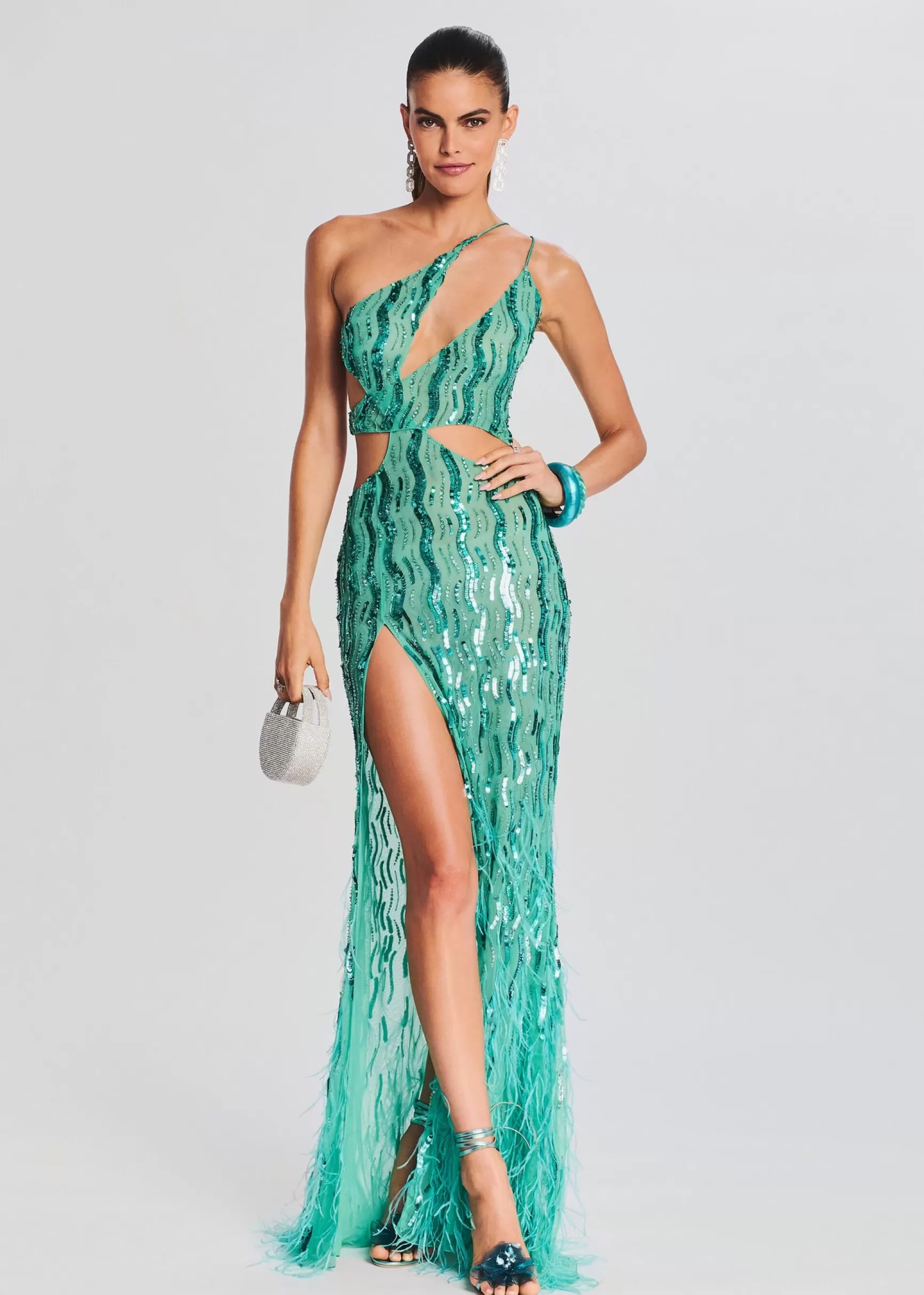 RETROFÊTE*Retrofete Vice Sequin Feather Dress Sea Foam