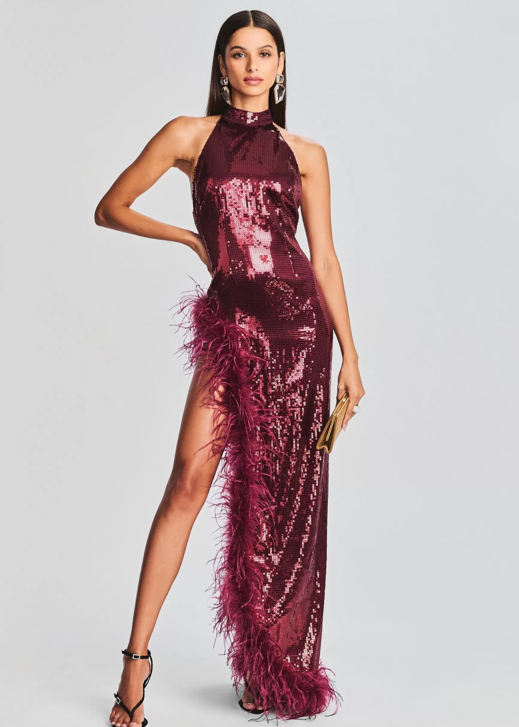 RETROFÊTE*Retrofete Vixen Sequin Feather Dress Cabernet